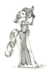 Size: 950x1336 | Tagged: safe, artist:baron engel, imported from derpibooru, rarity, anthro, unguligrade anthro, unicorn, beretta cheetah, clothes, dress, female, gun, mare, monochrome, pencil drawing, solo, spy, story included, suppressor, traditional art, trigger discipline, weapon