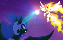 Size: 900x582 | Tagged: safe, artist:o0reika0o, imported from derpibooru, daybreaker, nightmare moon, alicorn, pony, duo, female, fight, flying, glowing horn, horn, magic, mare, spread wings, wings