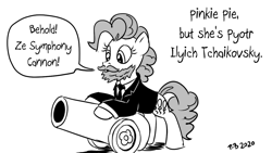 Size: 1200x675 | Tagged: safe, artist:pony-berserker, imported from derpibooru, pinkie pie, earth pony, pony, 1812 overture, beard, clothes, facial hair, female, grayscale, halftone, mare, monochrome, necktie, party cannon, pony-berserker's twitter sketches, pyotr ilyich tchaikovsky, romantic era, solo, stippling, suit, this will end in deafness, this will end in death, this will end in destruction, this will end in tears, this will end in tears and/or death