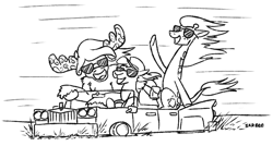 Size: 961x516 | Tagged: safe, artist:jargon scott, imported from ponybooru, oc, oc only, camel, giraffe, moose, car, driving, female, females only, grayscale, lineart, lowrider, monochrome, open mouth, raised hoof, simple background, speed lines, sunglasses, trio, trio female, white background, windswept mane