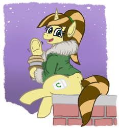 Size: 569x610 | Tagged: safe, artist:jargon scott, imported from ponybooru, oc, oc only, oc:java chip, pony, unicorn, clothes, coffee, coffee cup, cup, drink, female, hoof hold, jacket, looking at you, mare, sitting, smiling, snow, snowfall, solo, underhoof, waving