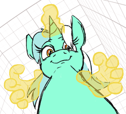 Size: 768x694 | Tagged: safe, artist:jargon scott, imported from ponybooru, lyra heartstrings, pony, unicorn, female, glowing horn, hand, horn, looking at you, looking down, looking down at you, magic, magic hands, mare, solo, worm's eye view