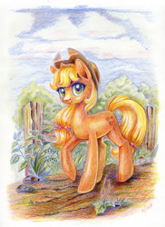 Size: 872x1200 | Tagged: safe, artist:maytee, imported from derpibooru, applejack, earth pony, pony, colored pencil drawing, female, fence, looking at you, mare, raised hoof, solo, traditional art