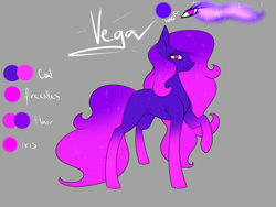 Size: 1400x1050 | Tagged: safe, artist:minelvi, imported from derpibooru, oc, oc only, oc:vega, earth pony, pony, earth pony oc, ethereal mane, gray background, raised hoof, reference sheet, simple background, socks (coat marking), solo, sombra eyes, starry mane