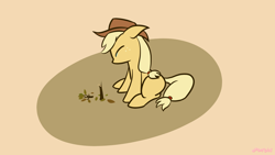 Size: 1920x1080 | Tagged: safe, artist:purblehoers, imported from derpibooru, applejack, earth pony, pony, apple, apple tree, applejack's hat, cowboy hat, crying, food, hat, missing cutie mark, mourning, sad, simple background, sitting, solo, tree