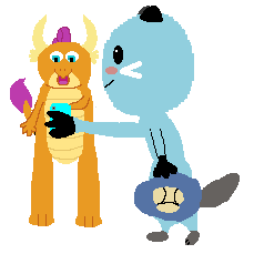 Size: 229x229 | Tagged: safe, artist:thegamerpainter, imported from derpibooru, smolder, dewott, dragon, otter, 1000 hours in ms paint, cellphone, crossover, duo, open mouth, phone, pokémon, wingless, wingless smolder