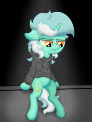 Size: 3024x4032 | Tagged: safe, artist:background basset, imported from derpibooru, lyra heartstrings, pony, unicorn, clothes, depressed, dig the swell hoodie, female, high res, hoodie, mare, sad, sitting, solo