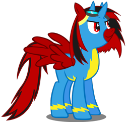 Size: 940x908 | Tagged: safe, artist:blingingjak, imported from derpibooru, oc, oc only, oc:spitfire, alicorn, pony, alicorn oc, clothes, head up, horn, looking up, multiple horns, red and black mane, red and black oc, simple background, solo, transparent background, tricorn, uniform, wings, wonderbolts uniform