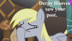 Size: 1920x1080 | Tagged: safe, edit, edited screencap, imported from derpibooru, screencap, derpy hooves, slice of life (episode), doctor whooves' lab, facehoof, reaction image, text