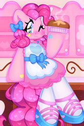 Size: 3000x4500 | Tagged: safe, artist:bunxl, imported from derpibooru, pinkie pie, anthro, earth pony, apron, bow, clothes, dress, female, food, heart eyes, kitchen, mare, one eye closed, pie, shoes, sitting on counter, solo, tights, wingding eyes, wink