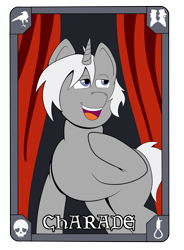 Size: 2951x4000 | Tagged: safe, artist:facade, imported from derpibooru, oc, oc only, oc:charade, pony, unicorn, curtains, solo, trading card