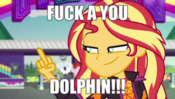 Size: 2190x1232 | Tagged: safe, edit, edited screencap, imported from derpibooru, screencap, max steele, raspberry lilac, sunset shimmer, dolphin, equestria girls, equestria girls series, sunset's backstage pass!, spoiler:eqg series (season 2), female, flipping off, fuck you, meme, middle finger, smiling, smirk, south park, text, text edit, vulgar