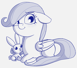 Size: 1384x1230 | Tagged: safe, artist:heretichesh, imported from derpibooru, angel bunny, fluttershy, pegasus, pony, rabbit, animal, cute, duo, female, filly, filly fluttershy, floppy ears, folded wings, looking at you, lying down, monochrome, ponyloaf, prone, shyabetes, simple background, sitting, sketch, smiling, solo, three quarter view, white background, wings, young fluttershy, younger, younger fluttershy