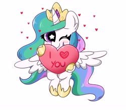 Size: 2800x2440 | Tagged: safe, artist:kittyrosie, imported from derpibooru, princess celestia, alicorn, pony, blushing, bronybait, crown, cute, cutelestia, ear fluff, female, filly, high res, hoof shoes, i love you, jewelry, regalia, simple background, solo, starry eyes, white background, wingding eyes