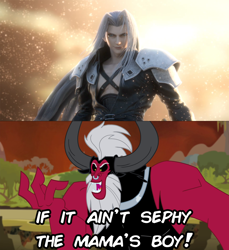 Size: 1280x1395 | Tagged: safe, edit, edited screencap, imported from derpibooru, screencap, lord tirek, centaur, human, twilight's kingdom, caption, comparison, final fantasy, final fantasy vii, image macro, mama's boy, nintendo, sephiroth, square enix, super smash bros., super smash bros. ultimate, text, this will end in death, this will end in pain, tirek is doomed, tirek is so utterly boned it's tragic