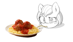 Size: 700x400 | Tagged: safe, artist:lyrabop, derpibooru exclusive, imported from derpibooru, oc, oc only, oc:head pony, earth pony, pony, blushing, disembodied head, eating, food, head, looking at you, meatball, meatballs, pasta, simple background, solo, spaghetti