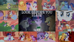 Size: 1934x1089 | Tagged: safe, edit, edited screencap, editor:quoterific, imported from derpibooru, screencap, applejack, rarity, twilight sparkle, earth pony, pony, unicorn, look before you sleep, season 1, book, clothes, collage, dress, food, froufrou glittery lacy outfit, golden oaks library, hair curlers, it is on, lantern, mud, mud mask, muddy hooves, pillow, pillow fight, rain, sandwich, tree, unicorn twilight