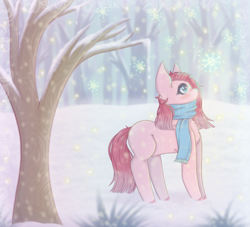 Size: 1100x1000 | Tagged: safe, artist:saltyvity, imported from derpibooru, pinkie pie, earth pony, pony, chest fluff, clothes, cold, colored hooves, female, forest, looking up, mare, missing cutie mark, outdoors, pinkamena diane pie, profile, scarf, snow, snowfall, solo, standing, tree, winter outfit