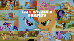 Size: 1974x1111 | Tagged: safe, edit, edited screencap, editor:quoterific, imported from derpibooru, screencap, applejack, berry punch, berryshine, bon bon, lemon hearts, linky, pinkie pie, ponet, rainbow dash, rainbowshine, sea swirl, seafoam, shoeshine, spike, sweetie drops, twilight sparkle, fall weather friends, bound wings, derp, hot air balloon, leaves, running of the leaves, tree, twinkling balloon, wings