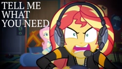 Size: 1920x1080 | Tagged: safe, edit, edited screencap, editor:quoterific, imported from derpibooru, screencap, fluttershy, sunset shimmer, equestria girls, equestria girls series, game stream, spoiler:eqg series (season 2), gamer sunset, psycho gamer sunset, tell me what you need, that pony sure have anger issues