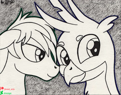 Size: 2077x1631 | Tagged: safe, artist:aracage, imported from derpibooru, gallus, sandbar, earth pony, griffon, pony, gallbar, gay, male, quadrupedal, shipping, stallion, traditional art