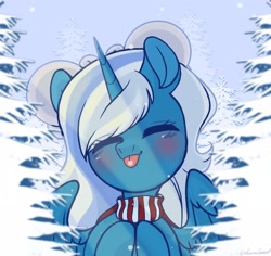 Size: 1800x1698 | Tagged: safe, artist:auroracursed, imported from derpibooru, oc, oc only, oc:fleurbelle, alicorn, pony, adorabelle, alicorn oc, blushing, bow, christmas, clothes, cute, eyes closed, female, hair bow, holiday, horn, mare, ocbetes, scarf, snow, solo, tongue out, wings