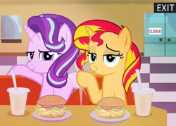 Size: 720x515 | Tagged: source needed, safe, imported from derpibooru, starlight glimmer, sunset shimmer, pony, unicorn, burger, diner, duo, fast food, fast food restaurant, female, food, hay burger, hoofbump, looking back, mare