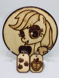 Size: 3120x4160 | Tagged: safe, artist:aracage, imported from derpibooru, applejack, coaster, craft, cutie mark, etsy, irl, keychain, photo, pyrography, traditional art, woodwork