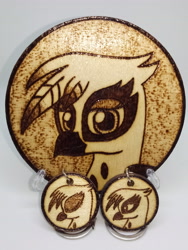 Size: 3120x4160 | Tagged: safe, artist:aracage, imported from derpibooru, gilda, griffon, coaster, craft, etsy, irl, keychain, photo, pyrography, traditional art, woodwork