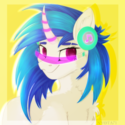 Size: 3500x3500 | Tagged: safe, artist:nyota71, imported from derpibooru, dj pon-3, vinyl scratch, pony, unicorn, bust, cheek fluff, chest fluff, colored pupils, cyberpunk, cyberpunk 2077, ear fluff, female, fluffy, futuristic, glasses, glowing eyes, glowing horn, headphones, horn, mare, music notes, redesign, simple background, smiling, solo, vinyl scratch's glasses, visor