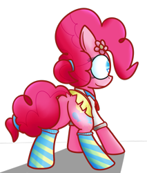 Size: 1251x1471 | Tagged: safe, artist:mr-degration, imported from derpibooru, pinkie pie, earth pony, pony, balloonbutt, butt, clothes, female, flower, flower in hair, plot, simple background, skirt, socks, solo, striped socks, transparent background