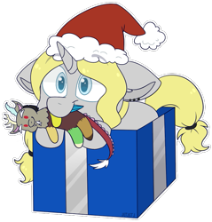 Size: 719x751 | Tagged: safe, artist:jetjetj, imported from derpibooru, part of a set, discord, oc, oc only, oc:moon beam, pony, unicorn, christmas, commission, hat, holiday, mouth hold, plushie, present, santa hat, solo, ych result