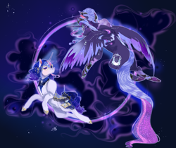 Size: 1428x1200 | Tagged: safe, artist:bunnari, imported from derpibooru, tantabus, oc, oc only, oc:astral, oc:spectra, alicorn, pony, unicorn, alicorn oc, duo, female, flying, horn, magical parthenogenic spawn, offspring, parent:princess luna, siblings, sisters, wings