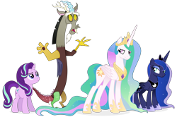 Size: 9706x6457 | Tagged: safe, artist:cirillaq, imported from derpibooru, discord, princess celestia, princess luna, starlight glimmer, alicorn, draconequus, pony, unicorn, season 9, the ending of the end, absurd resolution, confused, don't look at me, male, simple background, transparent background, unamused, vector