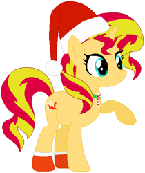 Size: 384x458 | Tagged: safe, artist:selenaede, artist:user15432, imported from derpibooru, sunset shimmer, pony, unicorn, base used, candy, candy cane, christmas, christmas outfit, clothes, food, hat, holiday, jewelry, necklace, orange sock, raised hoof, red hat, santa hat, socks, solo