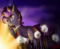Size: 1040x859 | Tagged: safe, alternate version, artist:yuris, imported from derpibooru, oc, oc only, pony, alternate character, field, solo, sunset