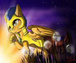Size: 1040x859 | Tagged: safe, alternate version, artist:yuris, imported from derpibooru, oc, oc only, oc:speedy winchester, pegasus, pony, alternate character, field, solo, sunset