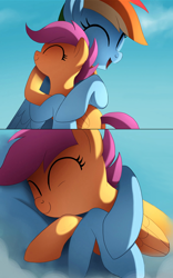 Size: 600x960 | Tagged: safe, artist:ruhje, edit, edited edit, imported from derpibooru, rainbow dash, scootaloo, pegasus, pony, 2 panel comic, cloud, comic, cute, cutealoo, daaaaaaaaaaaw, dashabetes, eyes closed, female, filly, happy, hug, mare, scootalove, sibling love, sisterly love