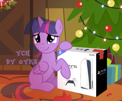 Size: 2500x2083 | Tagged: safe, artist:oyks, imported from derpibooru, twilight sparkle, alicorn, pony, box, christmas, christmas lights, christmas tree, christmas wreath, commission, console, controller, cute, female, holiday, mare, missing cutie mark, playstation 5, present, ps5, raised hoof, sitting, solo, tree, twiabetes, twilight sparkle (alicorn), wreath, ych example, your character here