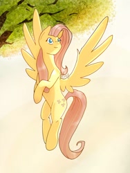 Size: 768x1024 | Tagged: safe, artist:thesilverlightshines, imported from derpibooru, fluttershy, pegasus, pony, female, flying, head turn, looking away, looking up, mare, smiling, solo, spread wings, three quarter view, tree, turned head, wings