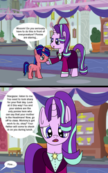 Size: 1280x2048 | Tagged: safe, artist:platinumdrop, imported from derpibooru, starlight glimmer, oc, oc:stargazer, pony, unicorn, the last problem, comic, dialogue, horn, older, older starlight glimmer, open mouth, request, speech bubble, unicorn oc