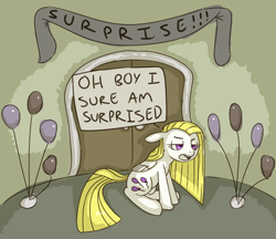 Size: 806x696 | Tagged: safe, artist:archego-art, artist:tilling-tan, imported from derpibooru, surprise, pegasus, pony, alternate hairstyle, balloon, banner, dialogue, female, mare, sarcasm, speech bubble, surprisamena, text, unamused