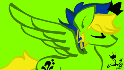 Size: 1024x576 | Tagged: safe, artist:amgiwolf, imported from derpibooru, oc, oc only, oc:viexy ams, pegasus, pony, eyes closed, green background, pegasus oc, signature, simple background, solo, transparent background, wings