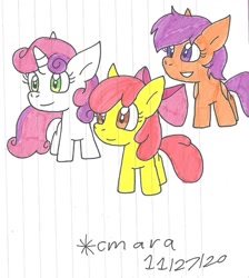 Size: 970x1081 | Tagged: safe, artist:cmara, imported from derpibooru, apple bloom, scootaloo, sweetie belle, earth pony, pegasus, pony, unicorn, apple bloom's bow, bow, cutie mark crusaders, female, filly, grin, hair bow, simple background, smiling, traditional art, trio, white background