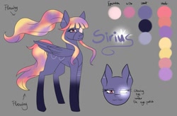 Size: 1103x724 | Tagged: safe, artist:minelvi, imported from derpibooru, oc, oc only, oc:sirius, pegasus, pony, bust, coat markings, ethereal mane, eyepatch, female, glowing eyes, gray background, mare, pegasus oc, simple background, socks (coat marking), socks (coat markings), starry mane, wings