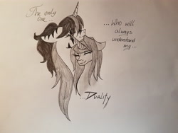 Size: 4032x3024 | Tagged: safe, artist:minelvi, imported from derpibooru, oc, oc only, pony, unicorn, bust, duo, eyes closed, horn, nuzzling, talking, traditional art, unicorn oc