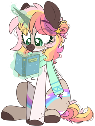 Size: 1617x2155 | Tagged: safe, artist:cinnamontee, imported from derpibooru, oc, oc only, oc:pastella, pony, unicorn, book, chest fluff, clothes, commission, eye clipping through hair, female, freckles, glowing horn, horn, magic, mare, scarf, simple background, sitting, smiling, solo, telekinesis, transparent background