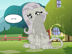 Size: 2595x1943 | Tagged: safe, artist:badumsquish, derpibooru exclusive, imported from derpibooru, fluttershy, monster pony, object pony, original species, pegasus, pony, sphinx, aftermath, bricks, curse, cursed, dialogue, female, floppy ears, fluttershy's cottage, fluttersphinx, frown, giant pony, hiding behind wing, implied twilight sparkle, living statue, looking at you, macro, mare, nervous, offscreen character, ponified, show accurate, sitting, solo, somnambulan curse, species swap, speech bubble, sphinxified, statue pony, tail wrap, talking to viewer, transformation, two toned coat, two-tone coat, unamused, wings