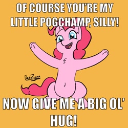 Size: 2048x2048 | Tagged: safe, artist:datzigga, imported from derpibooru, pinkie pie, earth pony, pony, hug request, impact font, meme, my little pogchamp, open arms, pogchamp, poggers, solo