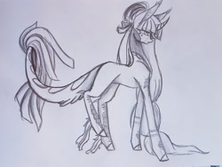 Size: 4032x3024 | Tagged: safe, artist:minelvi, imported from derpibooru, oc, oc only, pony, unicorn, grayscale, horn, leonine tail, lineart, monochrome, solo, traditional art, unicorn oc
